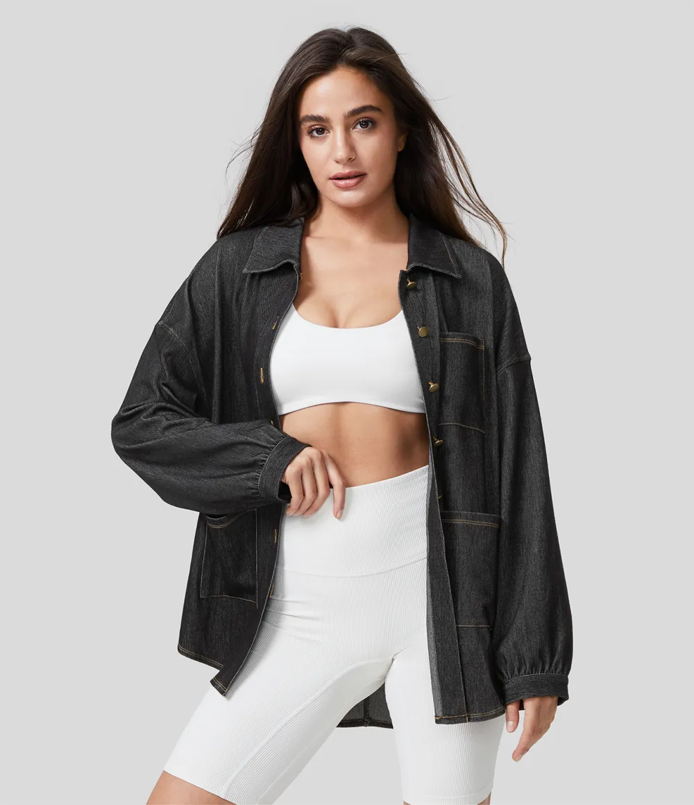 Magic Collared Multiple Pockets Button Front Split Curved Hem Stretchy Knit Denim Work Oversize Jacket