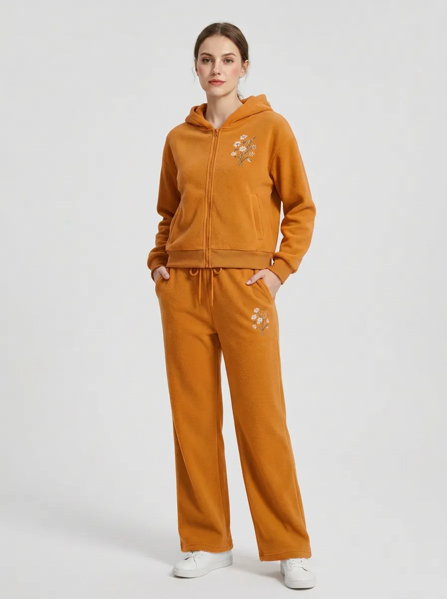 Women's Floral Embroidered Zip-Up Hoodie And Lounge Pants Set