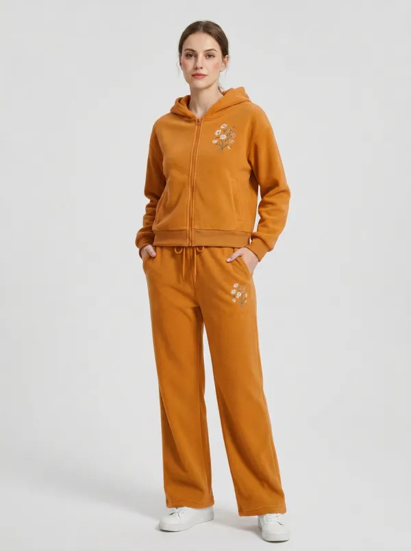 Women's Floral Embroidered Zip-Up Hoodie And Lounge Pants Set