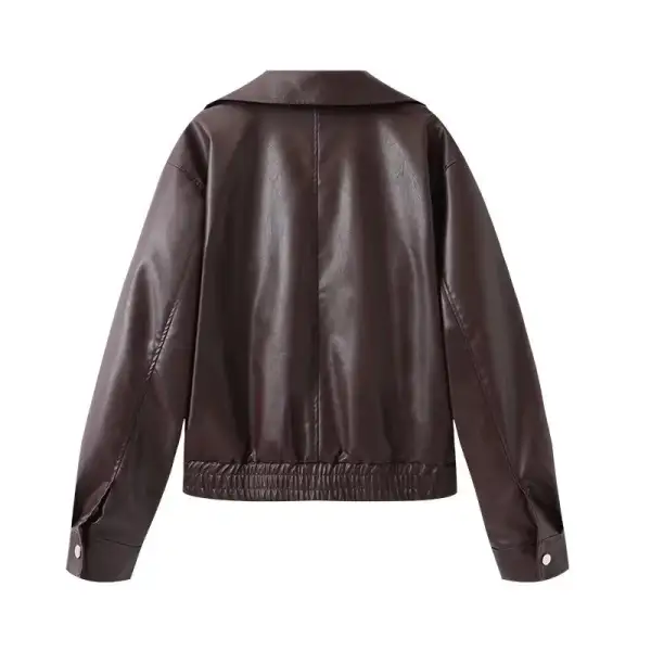Tailored Faux Leather Lapel Collar Zip Front Bomber Jacket