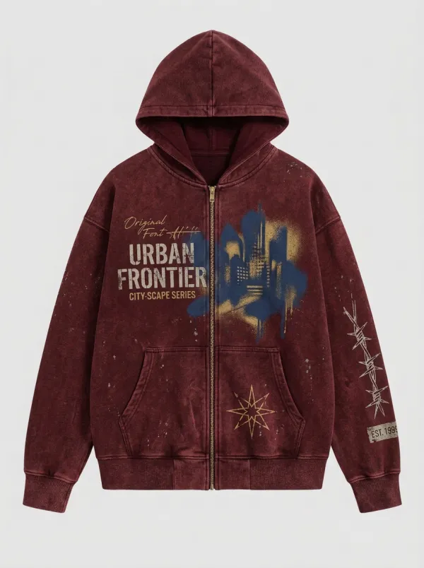 Unisex Streetwear Urban Frontier Cityscape Barbed Wire Printed Zip Hoodie