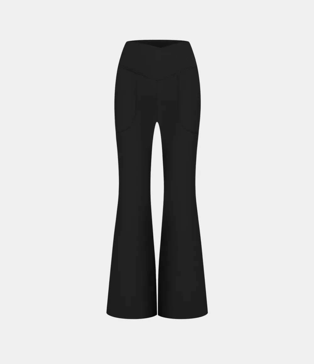 Patitoff Flow Pet Hair Resistant Crossover Pocket Split Hem Yoga Flare Leggings-Smile
