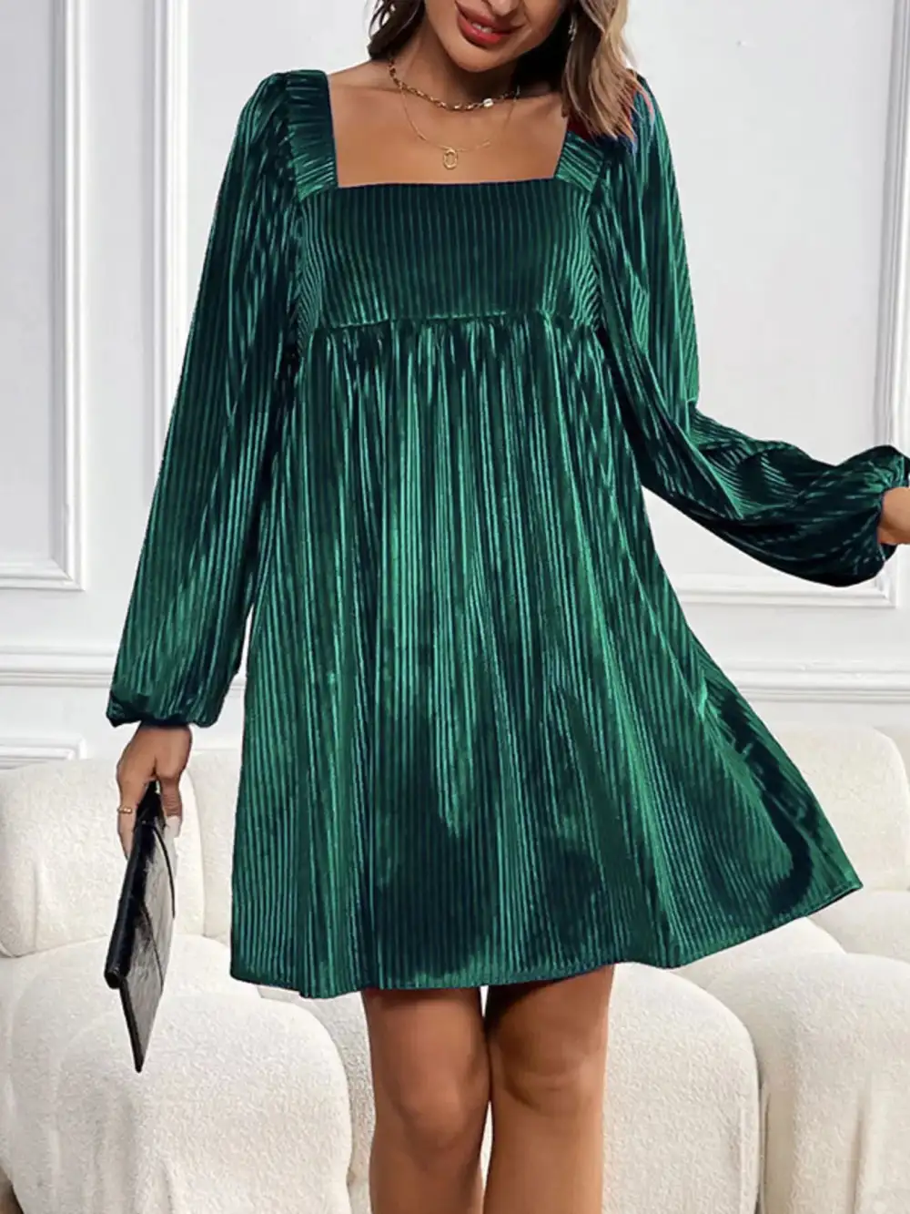 Soft Touch Velvet Square Neck Long Sleeve Dress