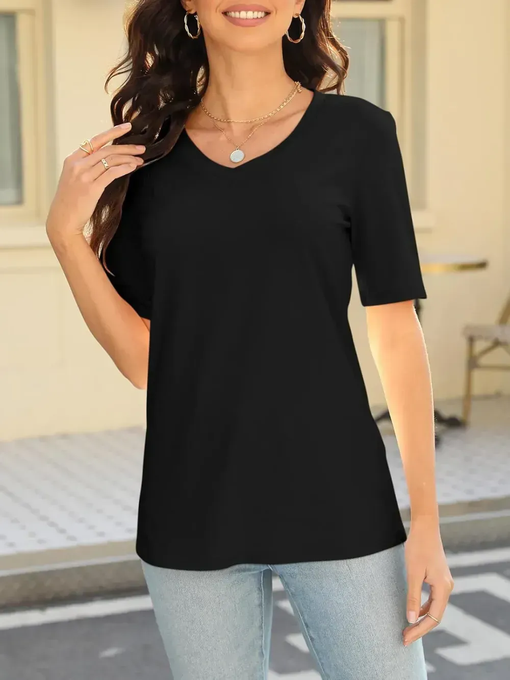 ORANDESIGNE Women's Color Block Short Sleeve T Shirts Casual V Neck Summer Tops Tees Loose Fit Blouses