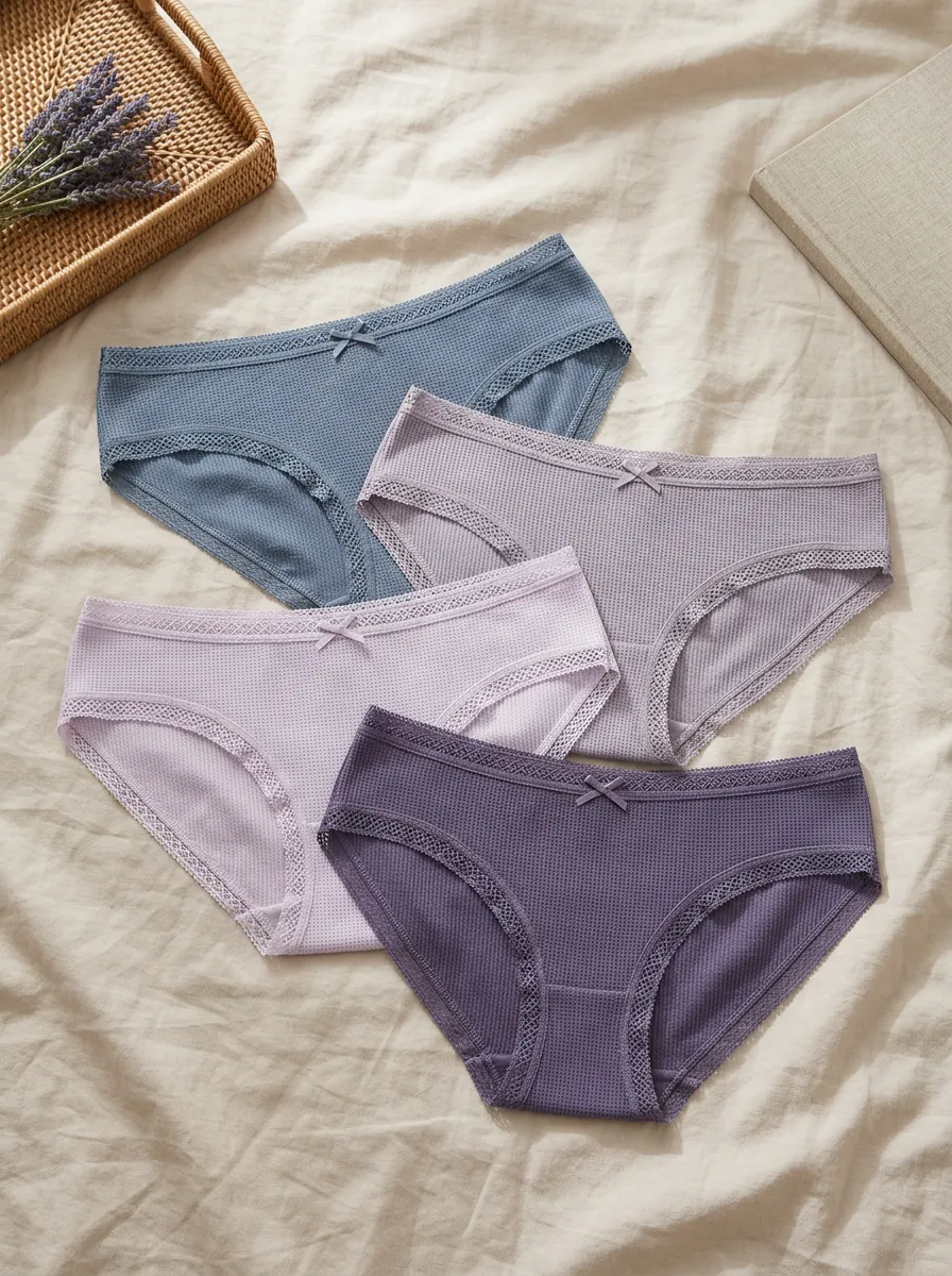 Women's Waffle Knit Lace Trim Bowknot Solid Color Panties Set