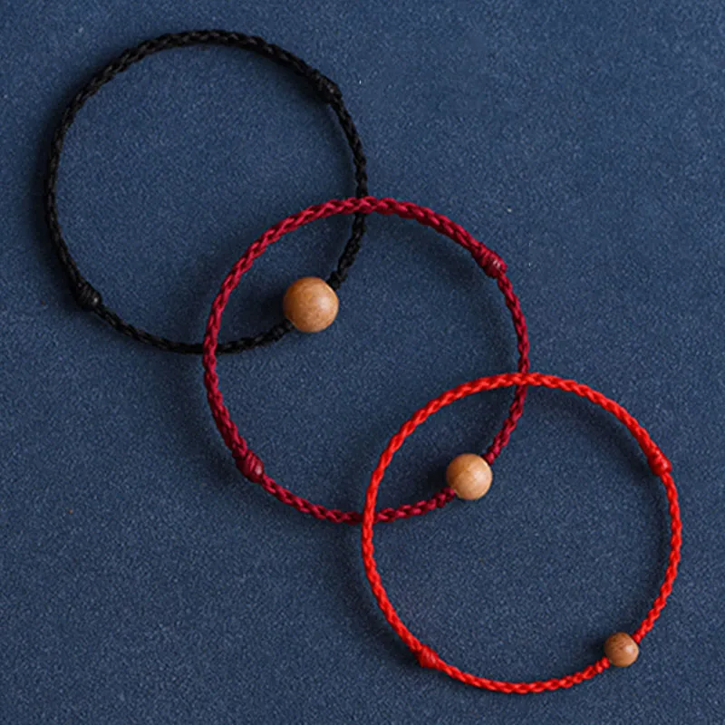 Natural Peach Wood Bead Braided Bracelet Anklet