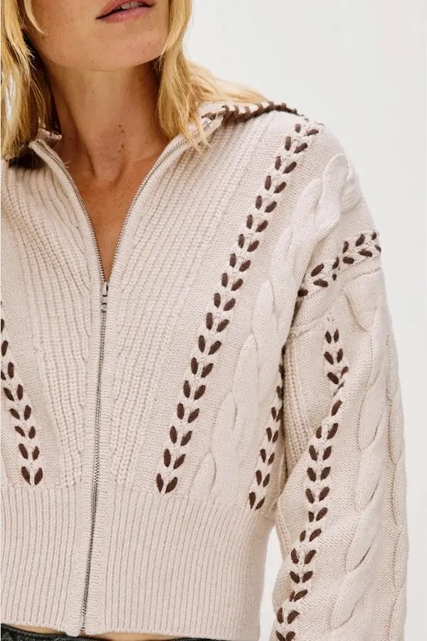 Women's Beige Zip Front Knit Sweater