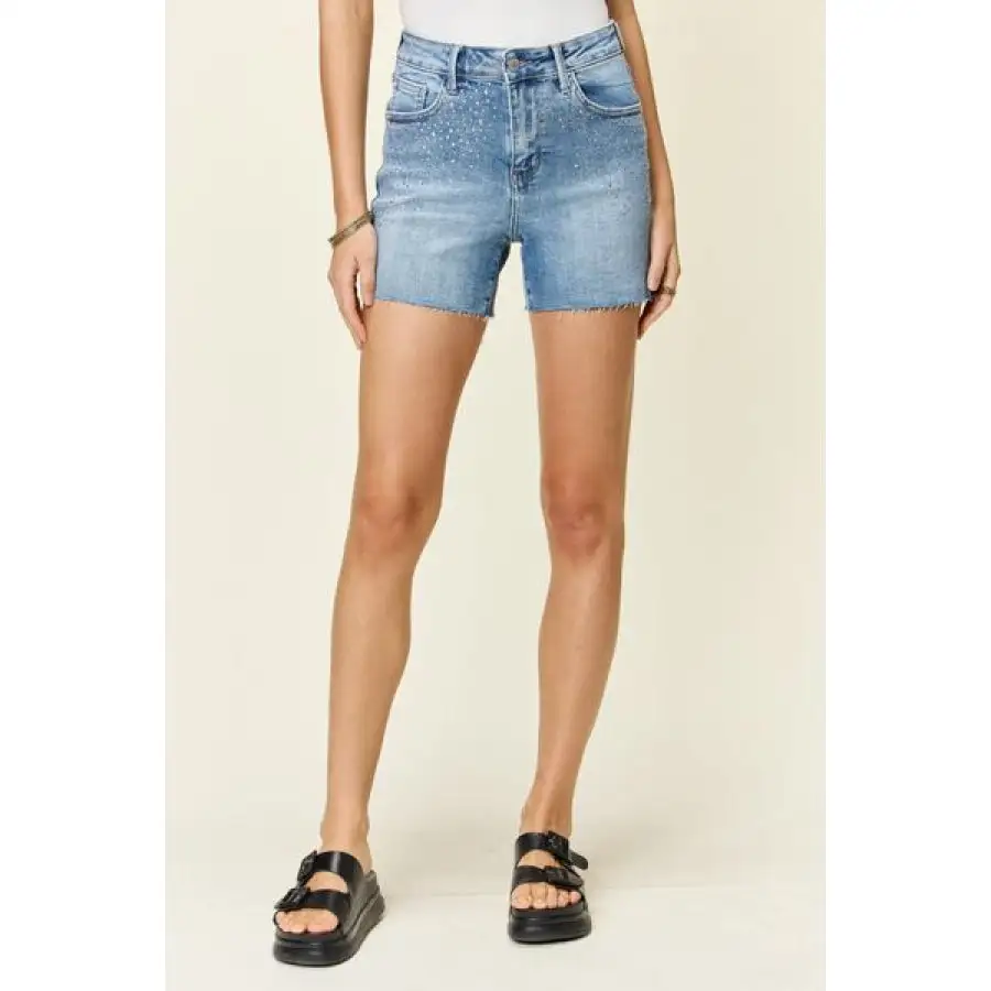 Full Size High Waist Rhinestone Decor Denim Shorts