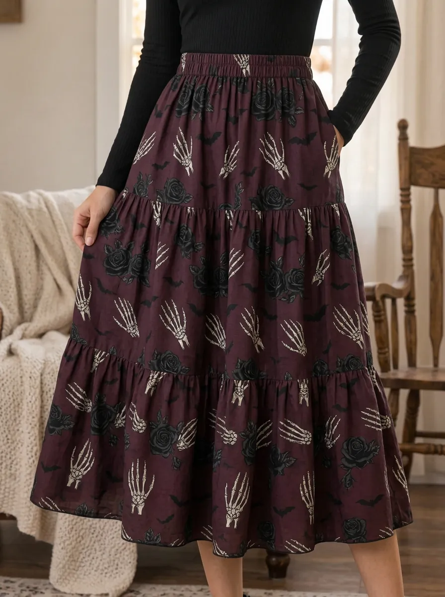 Women's Halloween Skeleton Hand Rose Bat Printed Tiered Midi Skirt