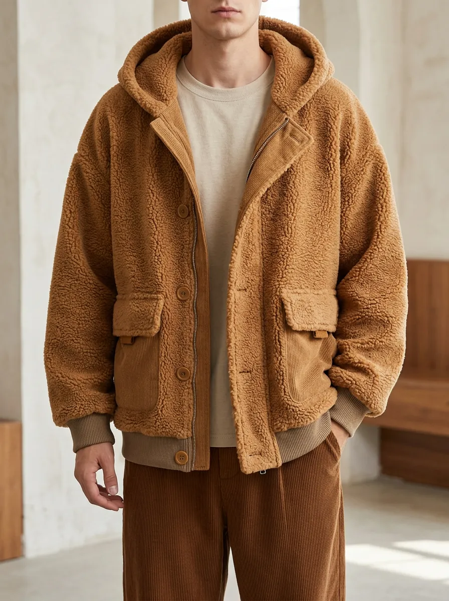 Men's Vintage Inspired Brown Corduroy Trim Sherpa Fleece Layering Jacket