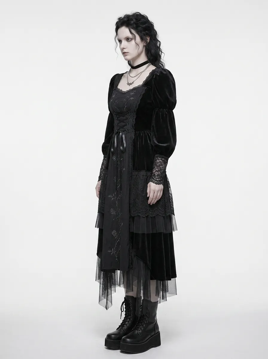 Women's Gothic Rose Embroidery Lace Trimmed Velvet Top