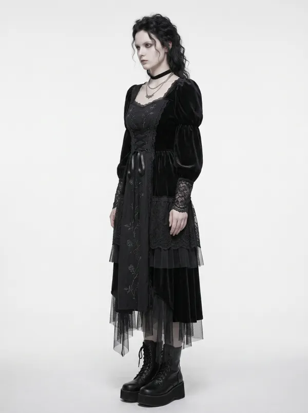 Women's Gothic Rose Embroidery Lace Trimmed Velvet Top