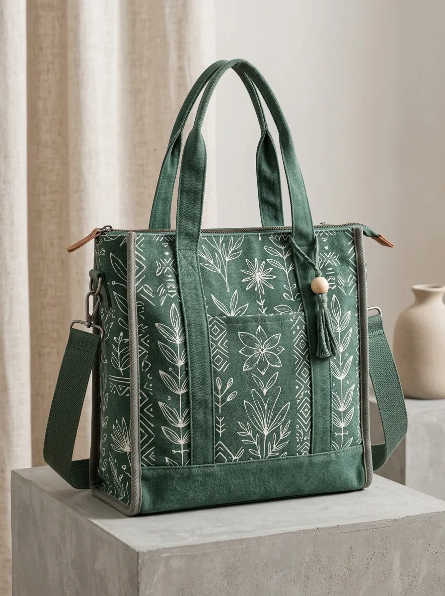 Women's Structured Botanical Floral Boho Printed Canvas Shoulder Tote Bag