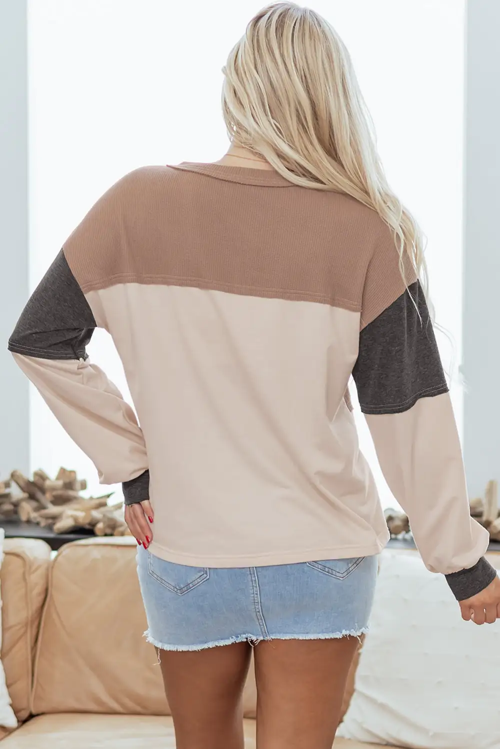 Women's Colorblock Henley Neck Loose Fit Top