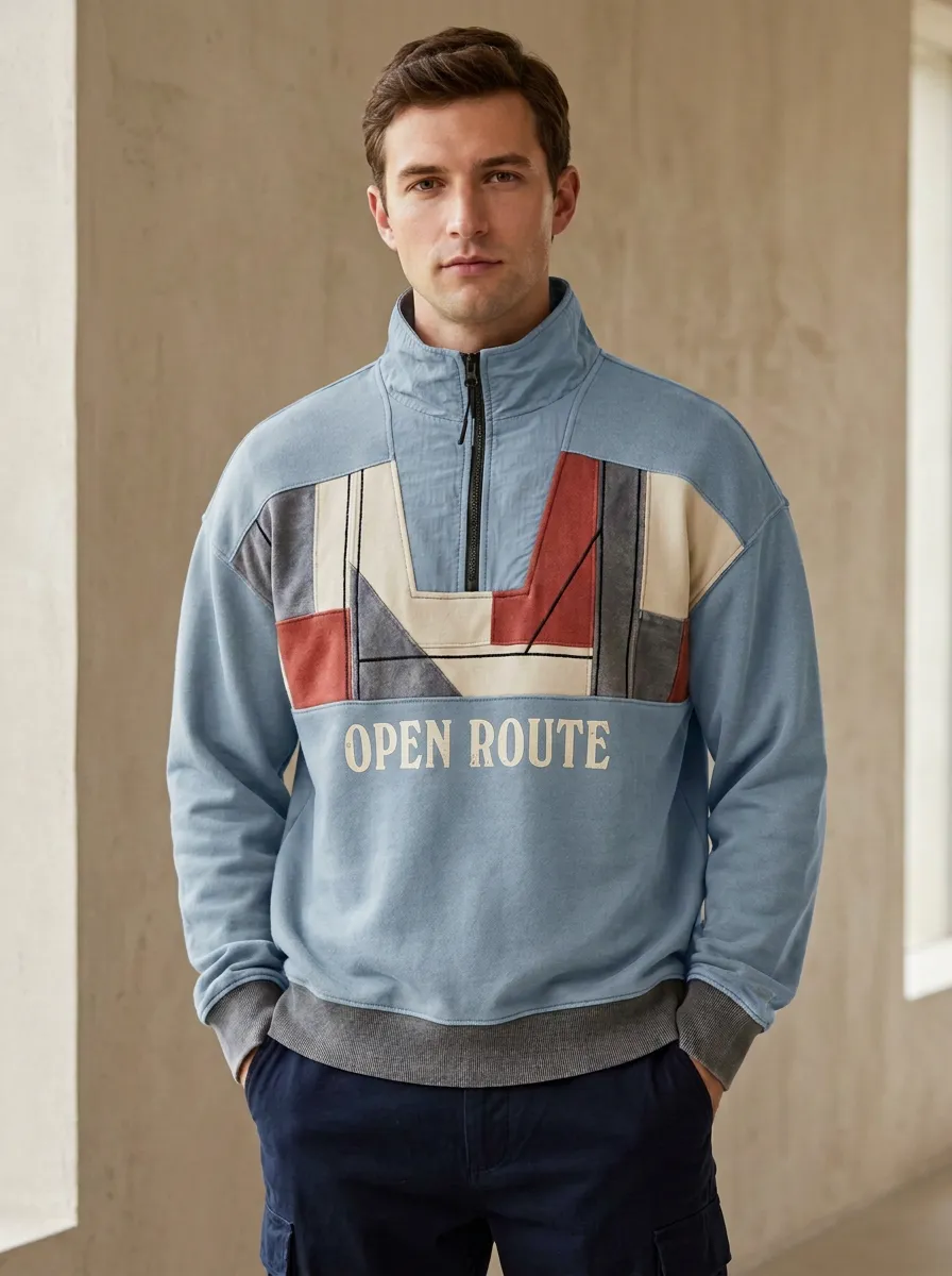 Casual Half-Zip Geometric Patchwork Men's Half-Zip Sweatshirt