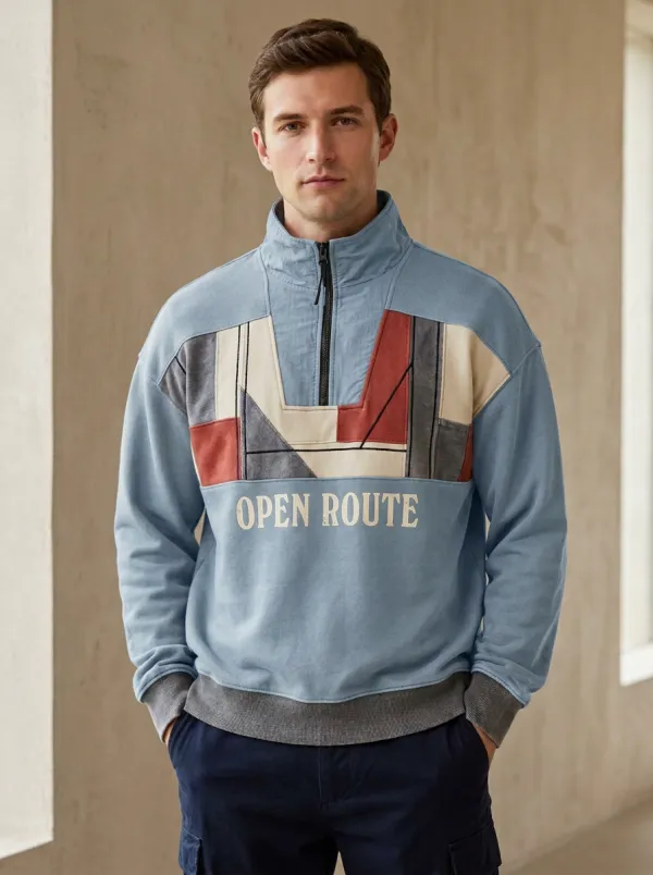 Casual Half-Zip Geometric Patchwork Men's Half-Zip Sweatshirt