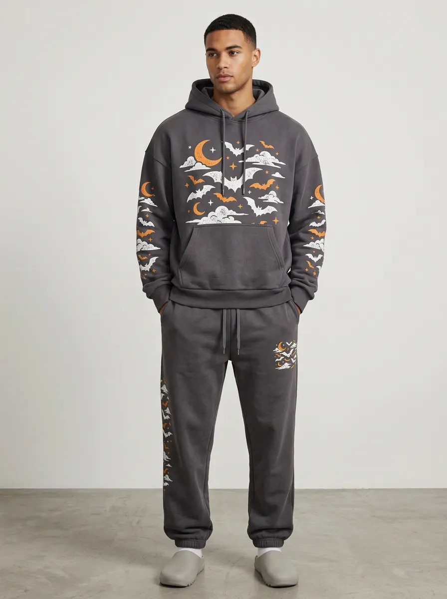 Men's Halloween Moon Bat Clouds Printed Hoodie Jogger Set