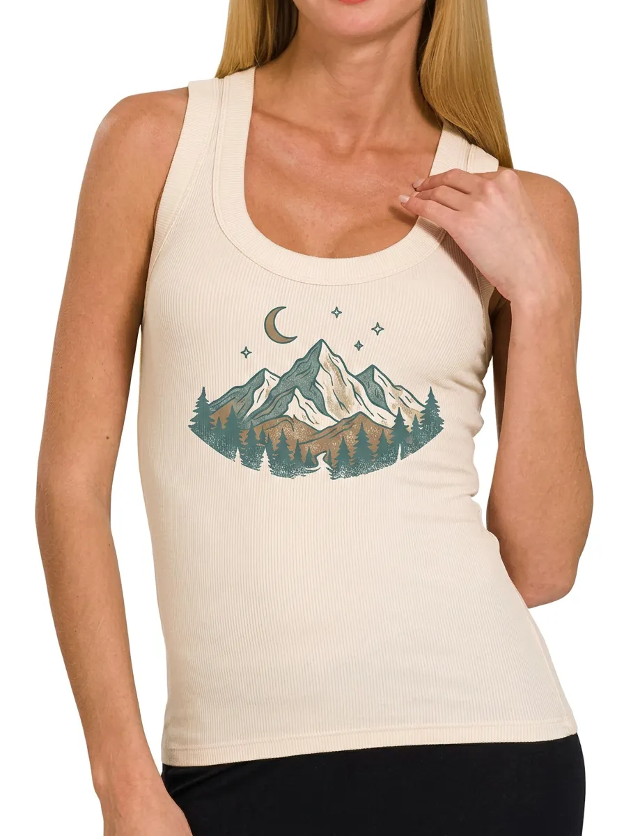 Women's Nature Lover Mountain Forest Moon Stars Printed Tank Top