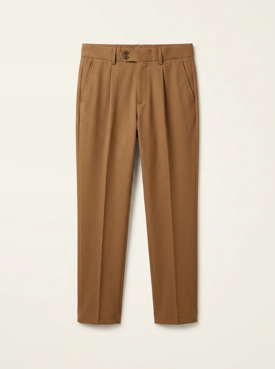Men's Casual Brown Pleated Elastic Waist Dress Trousers