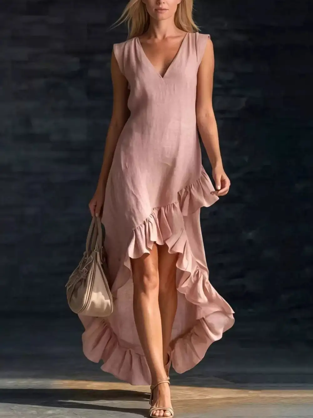 V-Neck Ruffle Hem High-Low Dress