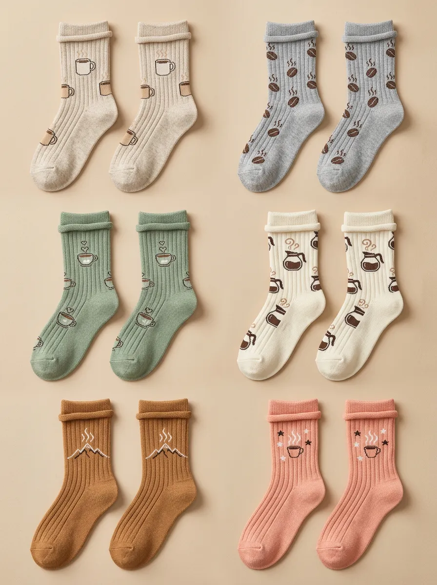 Women's Coffee Motif Ribbed Crew Sock Set
