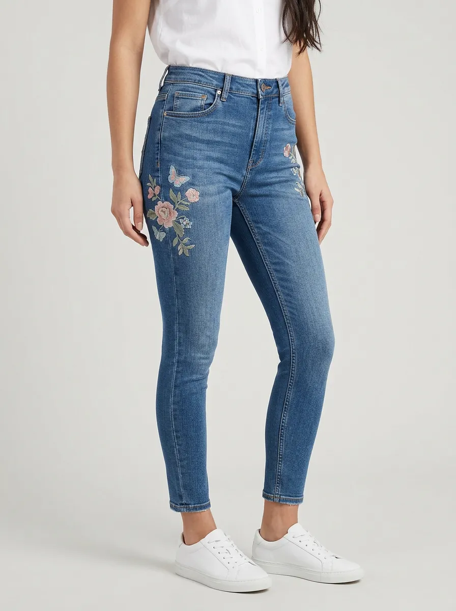 Women's Atlas Floral Butterfly Embroidered Printed Slim Jeans