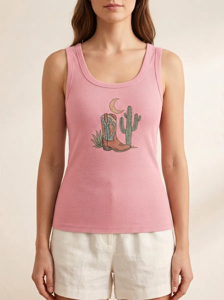 Cowboy-Boot Cactus Moon Built-In Bra Tank Top