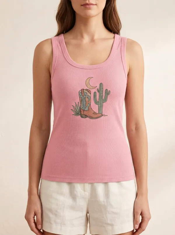 Cowboy-Boot Cactus Moon Built-In Bra Tank Top