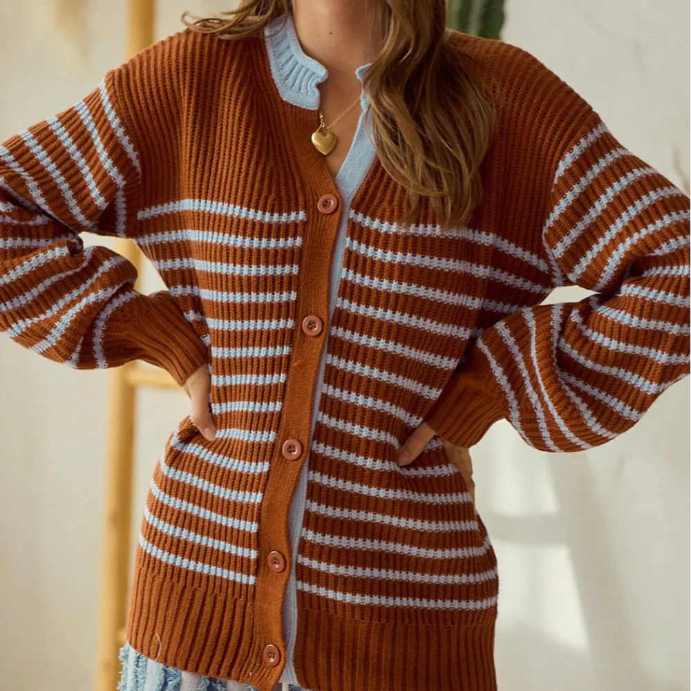 Ribbed Button Front Striped Cardigan