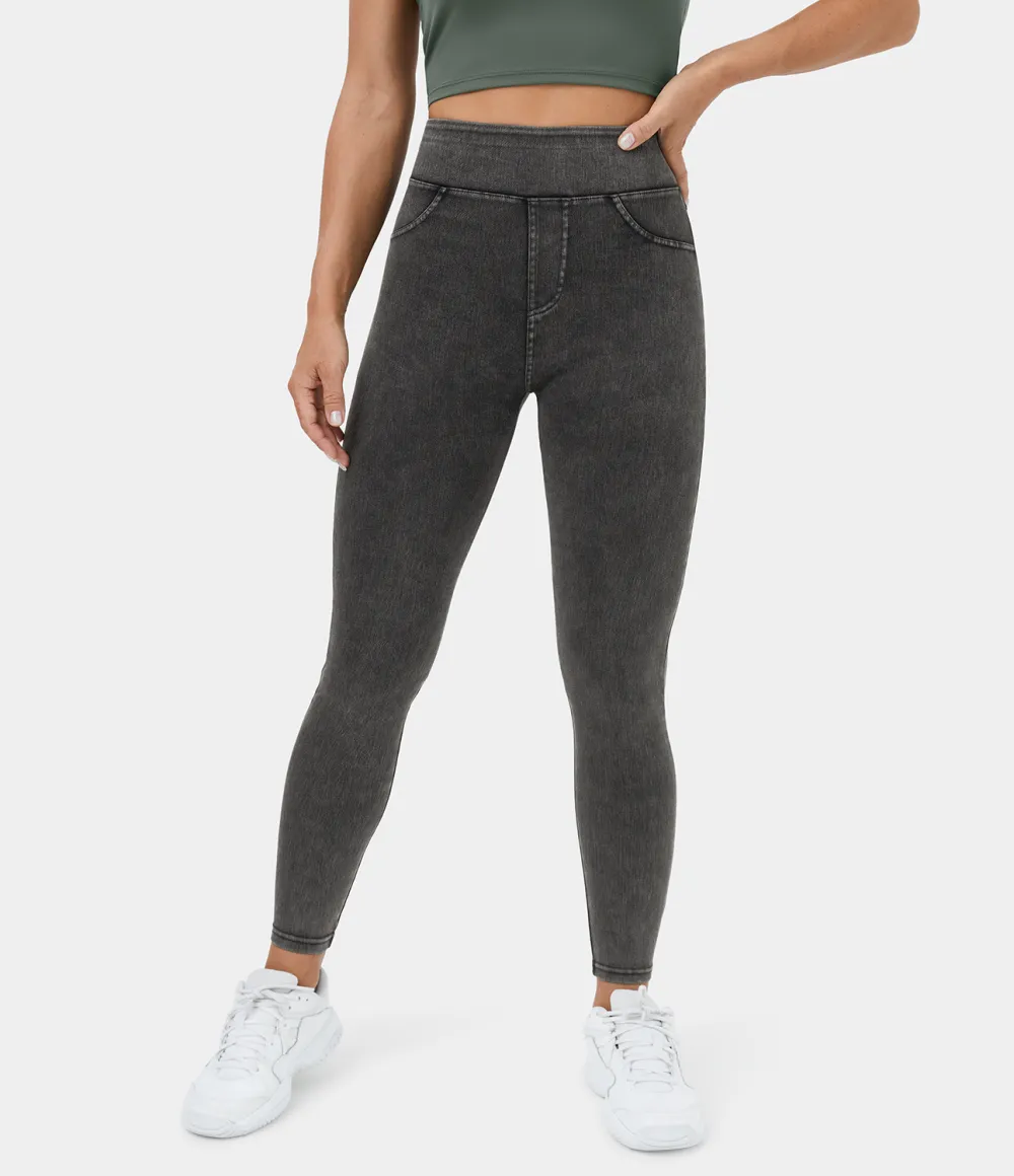 Magic High Waisted Back Side Pocket Stretchy Knit Denim Casual Leggings