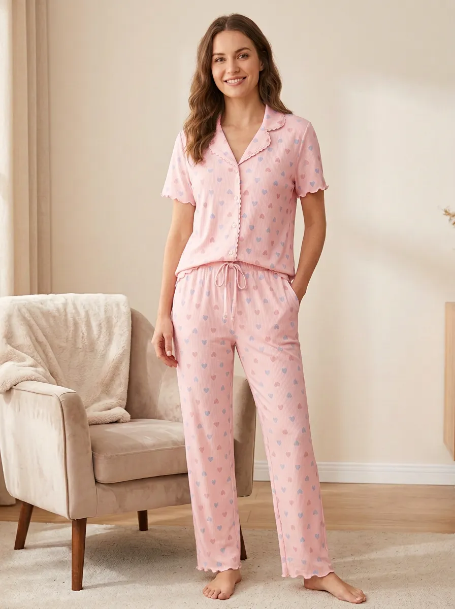 Women's Romantic Heart Pattern Printed Pajama Set