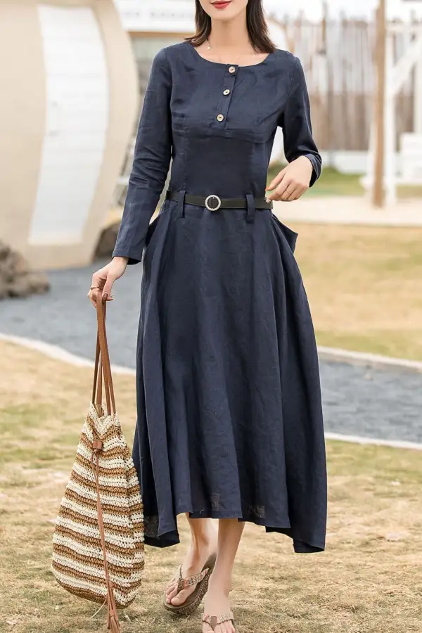 Clean Line Linen Long Sleeve Maxi Dress