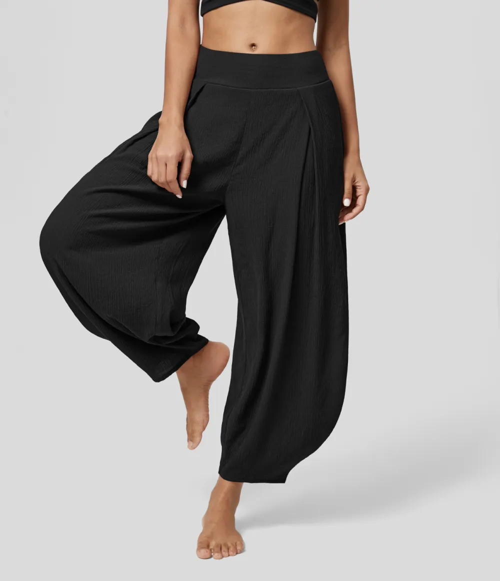 High Waisted Back Elastic Side Pocket Plicated Barrel Leg Casual Joggers