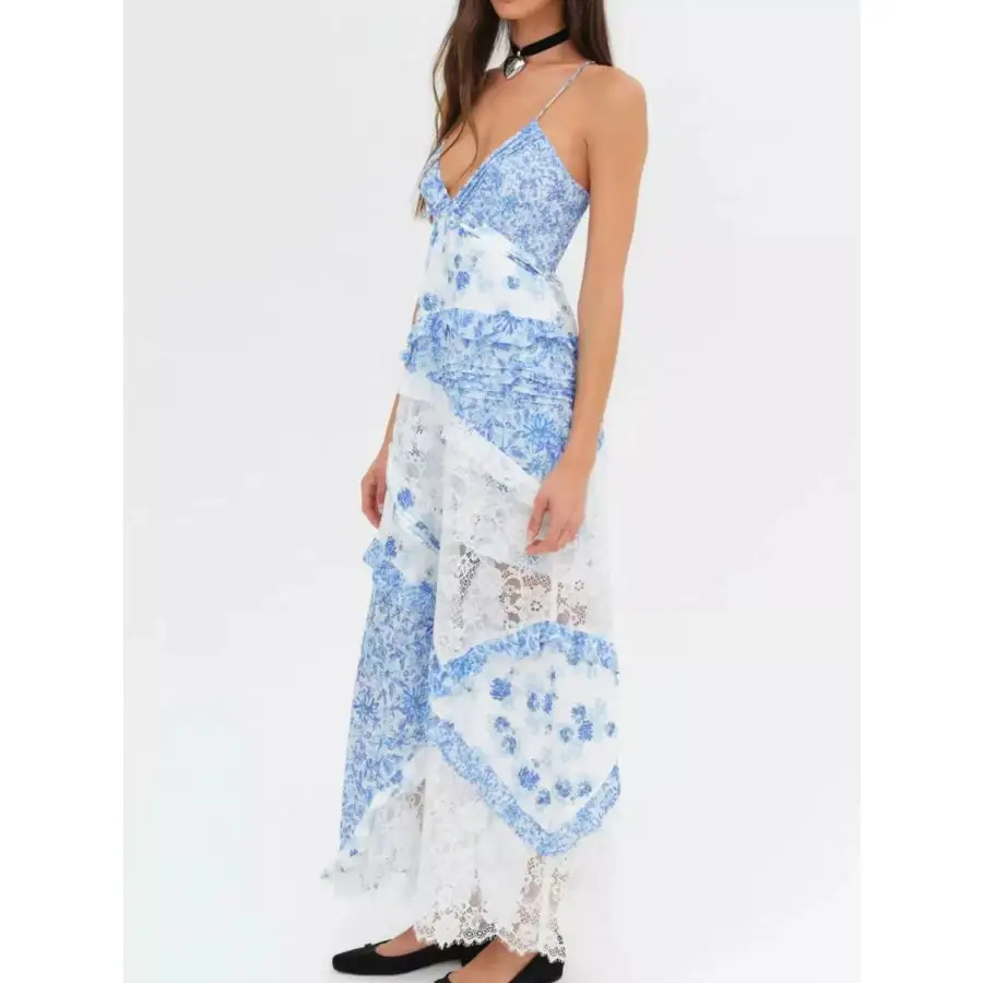 Lace Detail Ruffled Floral V Neck Maxi Dress