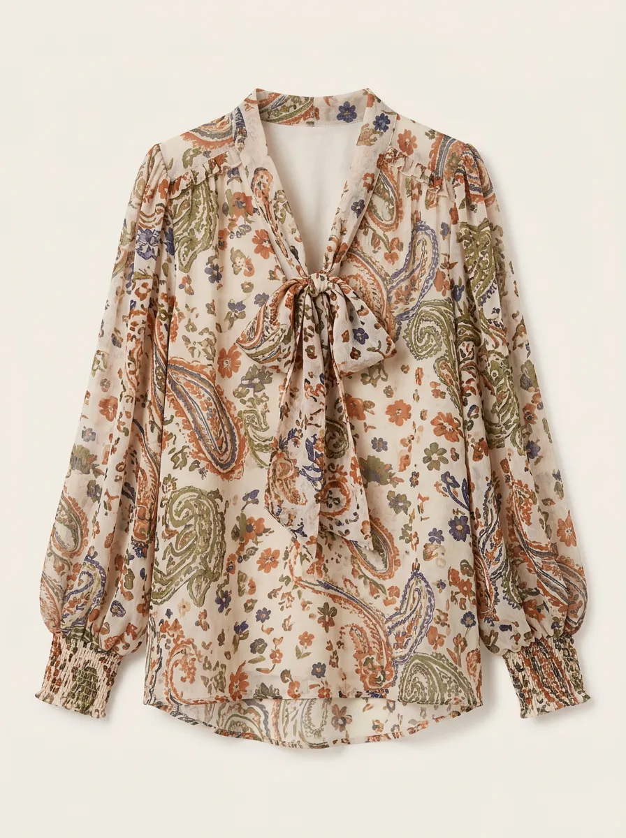 Women's Vintage Paisley Floral Bow Tie Printed Blouse