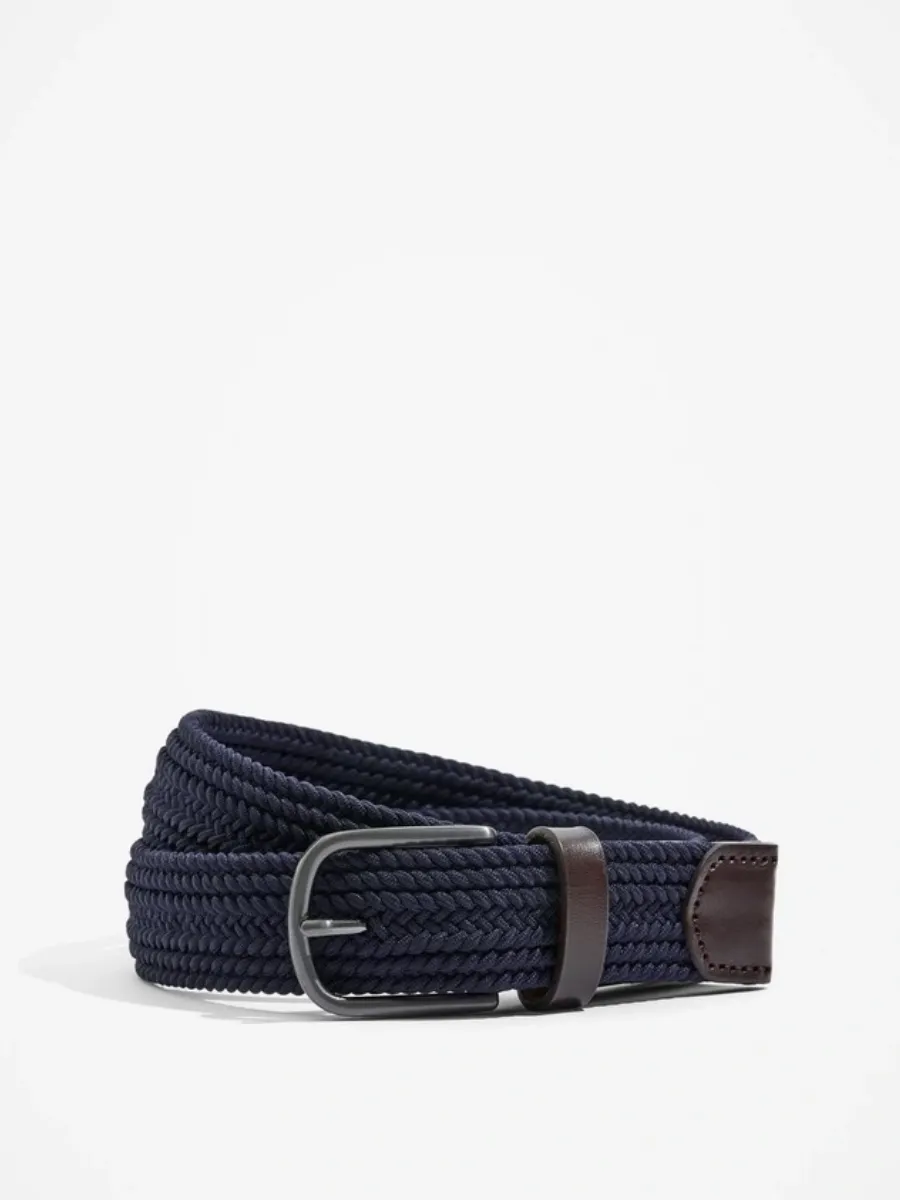 Navy Woven Belt with Leather Accents