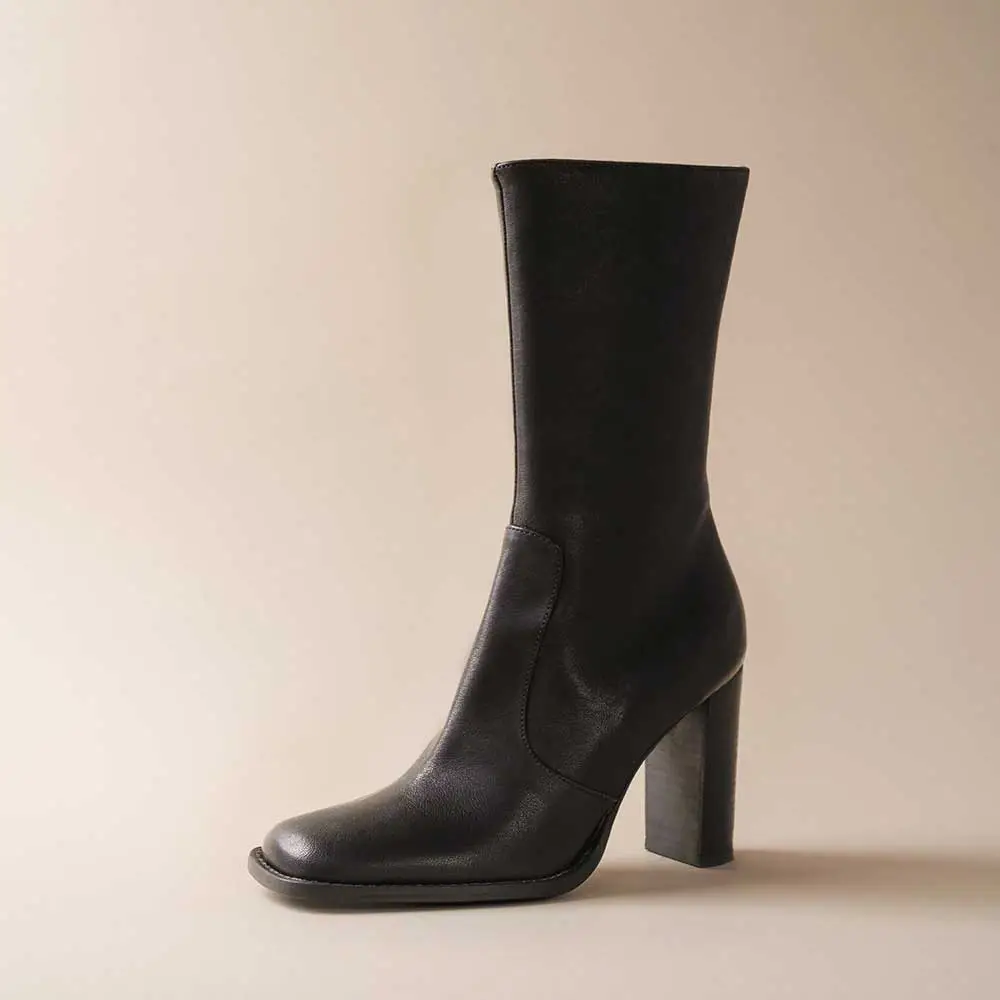 Faux-Leather Pull-On Square-Toe Chunky-Heel Mid-Calf Boots