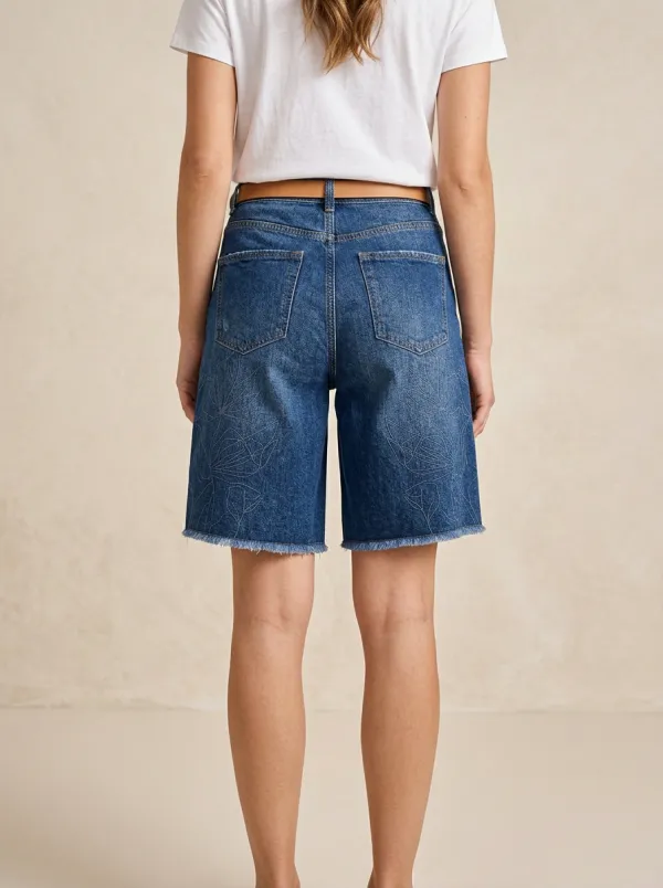 Women's Floral Line Art Printed Denim Bermuda Shorts