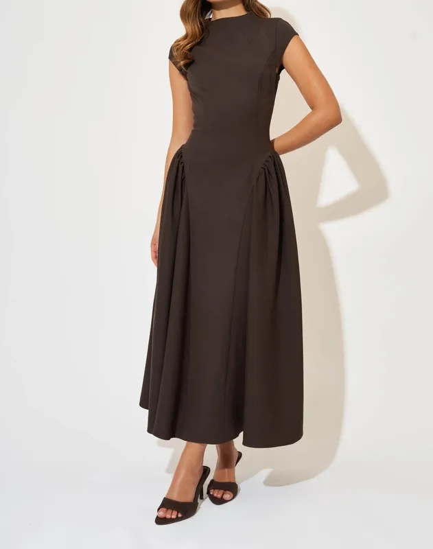 Dark Brown Cap-Sleeve Gathered Detail Midi Dress