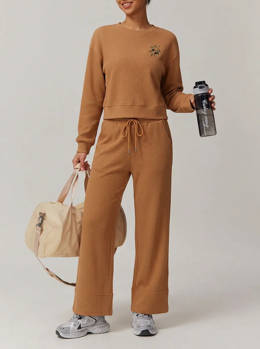 Women's Camel Waffle Knit Olive Branch Embroidered Lounge Set