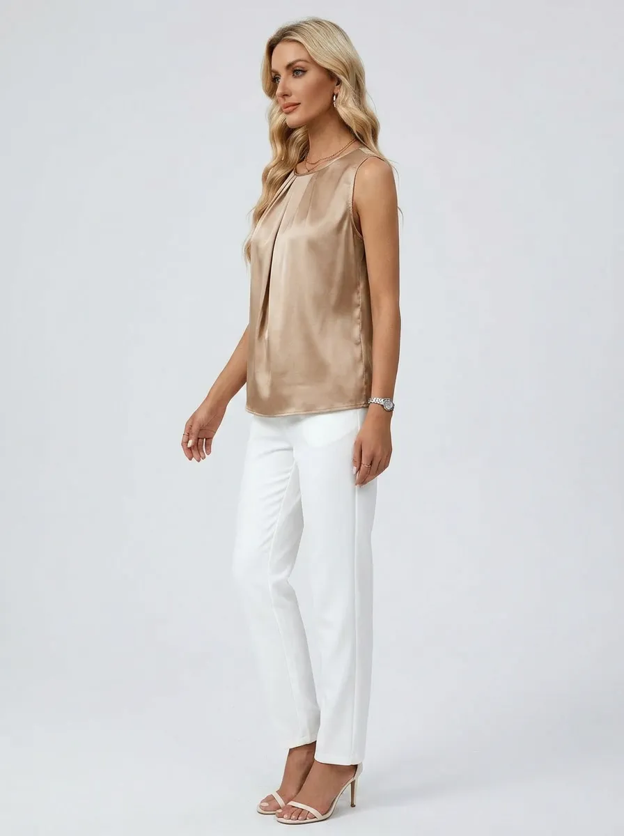 Pleated Sleeveless Satin Top