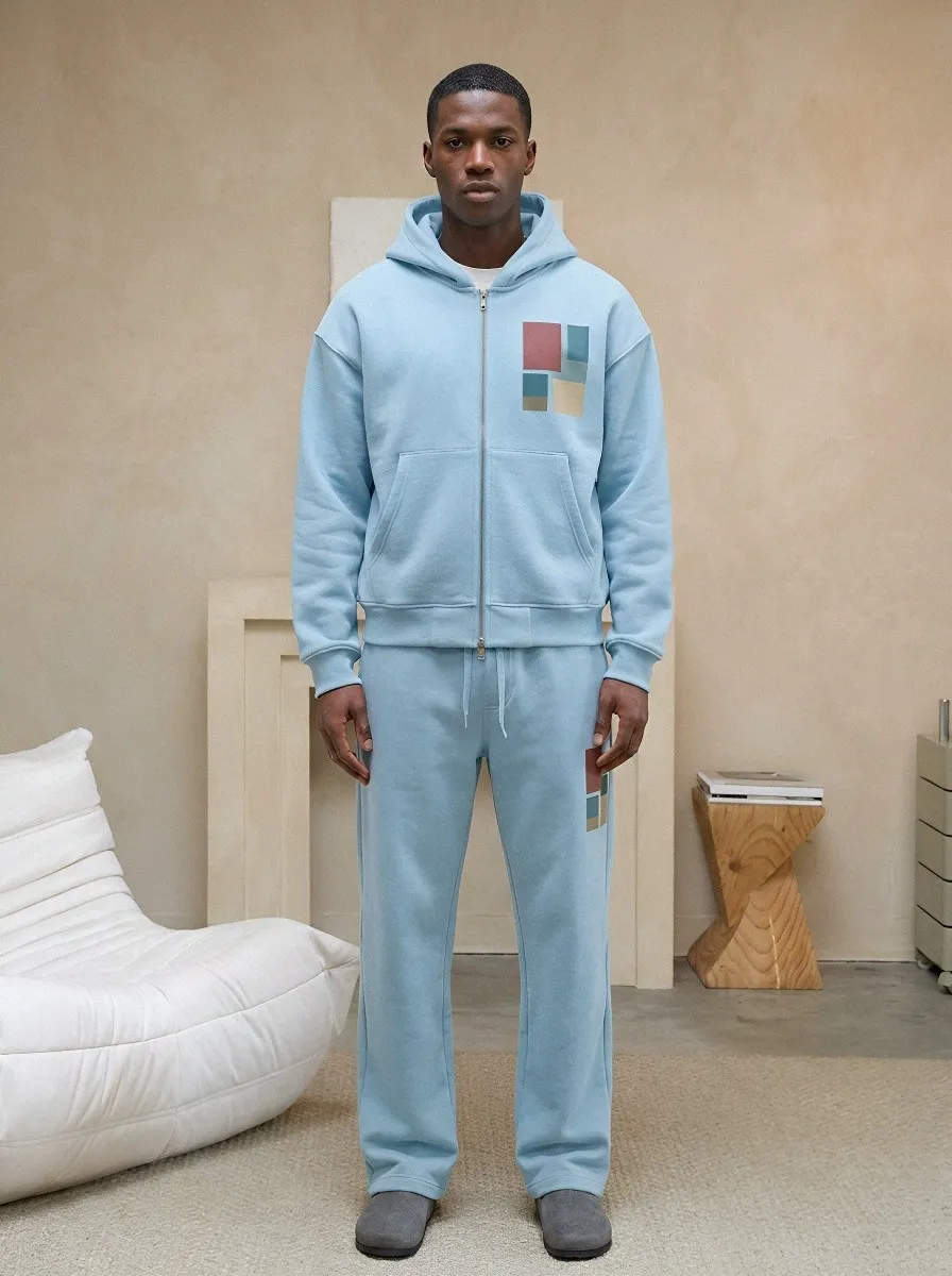 Men's Minimalist Geometric Block Printed Zip-up Hoodie Sweatsuit