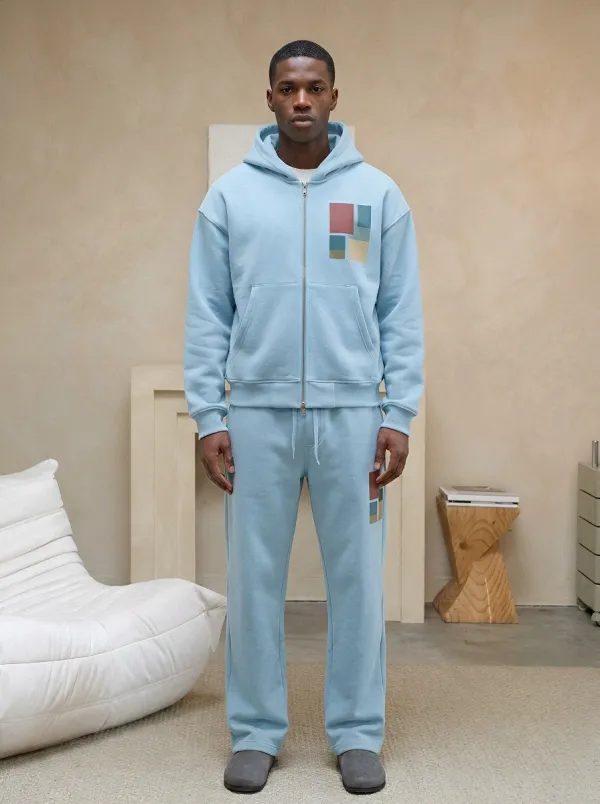 Men's Minimalist Geometric Block Printed Zip-up Hoodie Sweatsuit