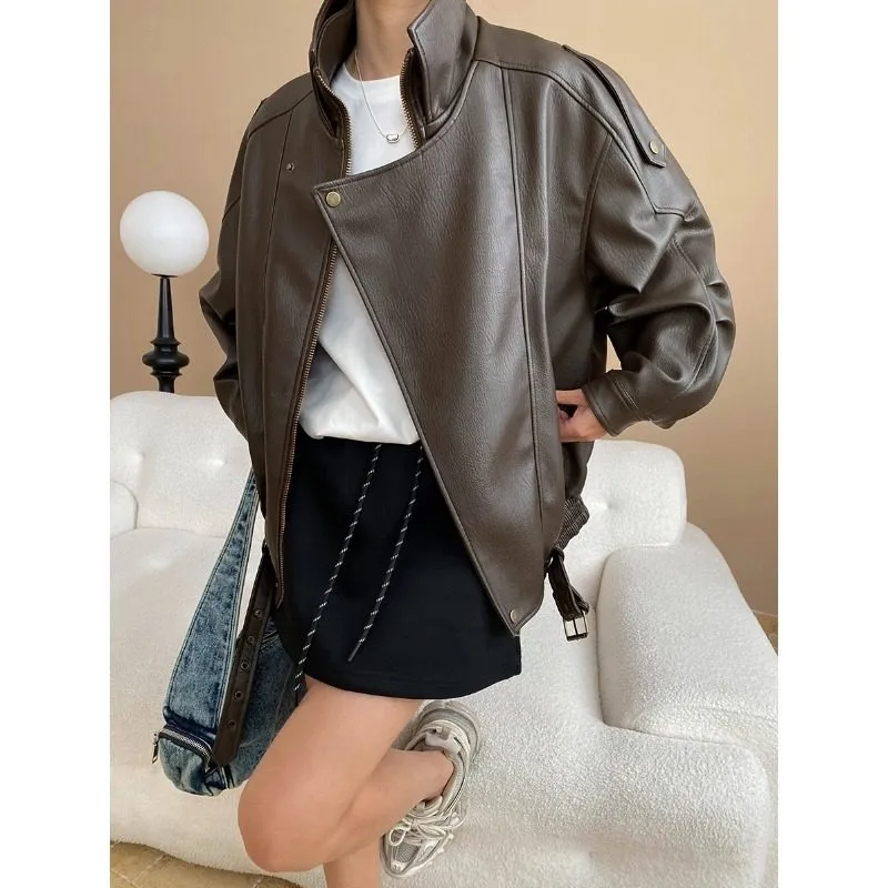 Moto Zip-Front Leather Casual Outerwear Jacket