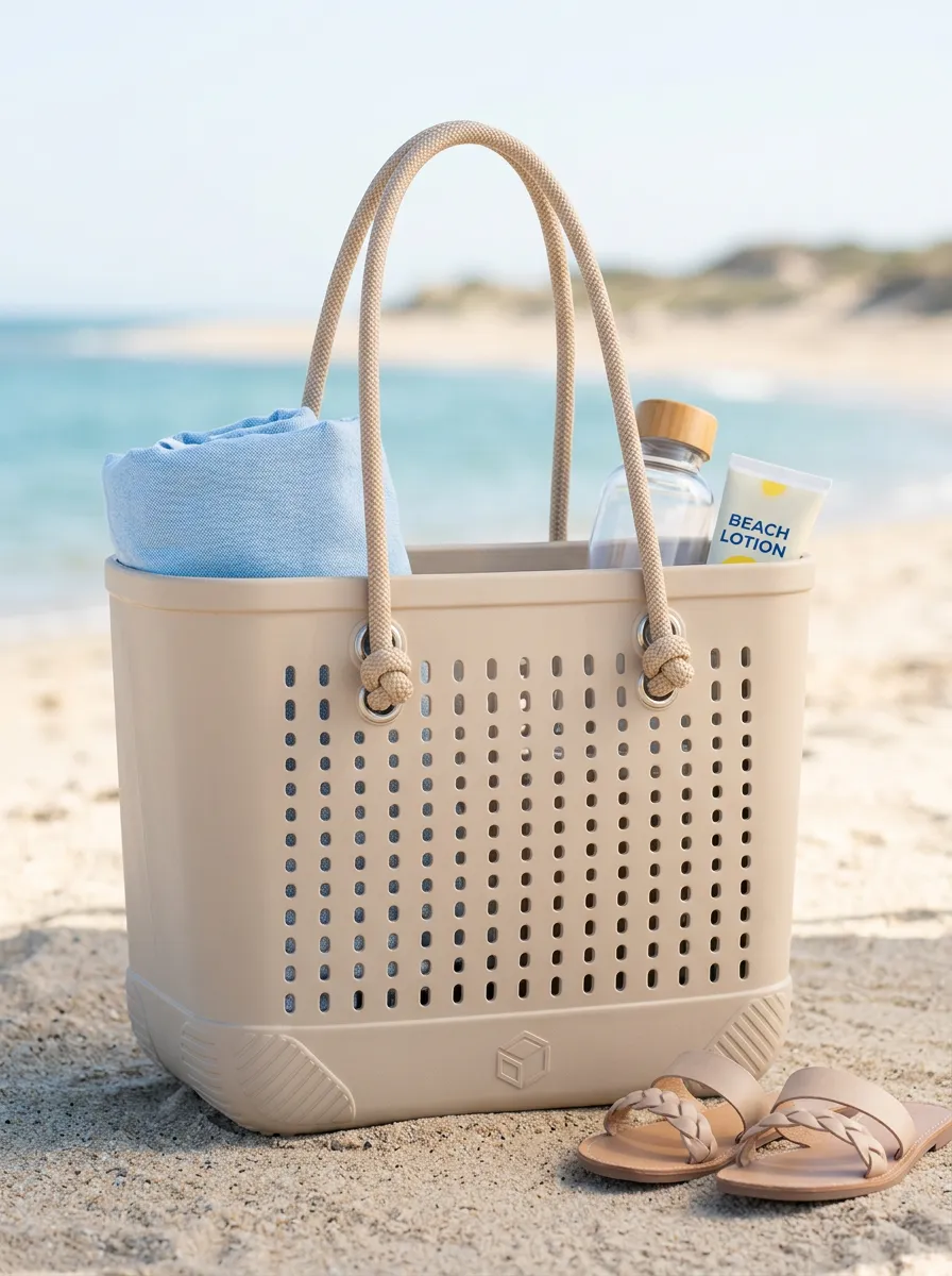 Perforated Rope-Handle Open-Top Grid Pattern Beach Tote Bag