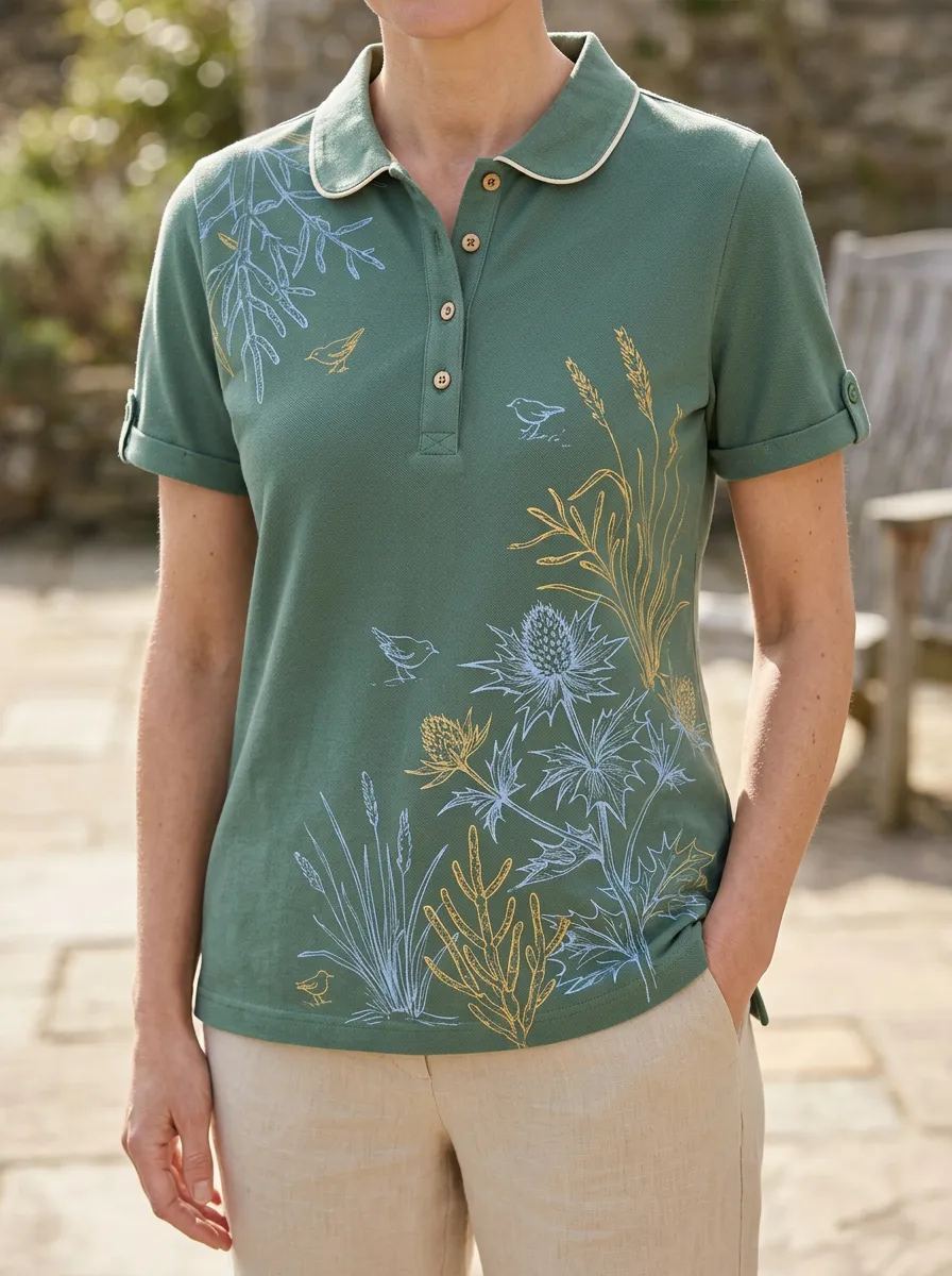 Women's Nature Lover Thistle Bird Floral Printed Polo Shirt