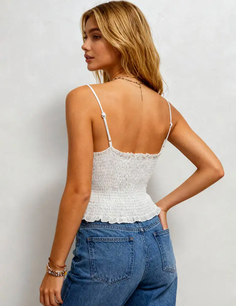 Romantic V Neck Lace Back Smocked Cami Top