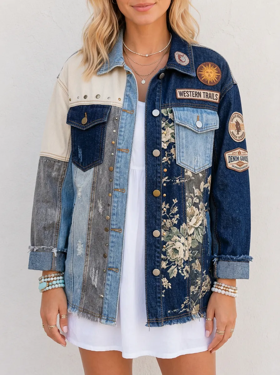 Women's Western Style Floral Patchwork Printed Denim Jacket