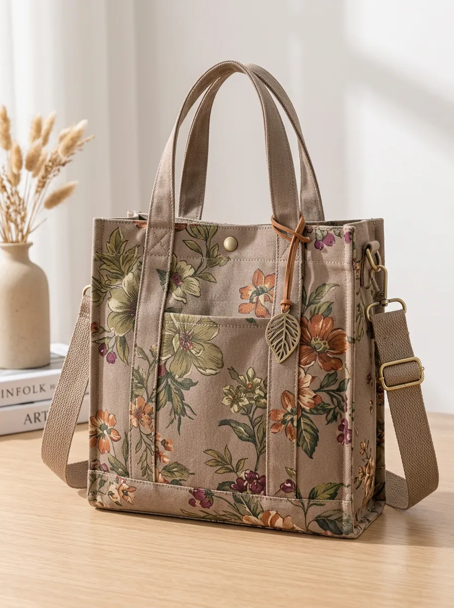 Women's Detachable Strap Botanical Floral Vintage Printed Canvas Shoulder Tote Bag