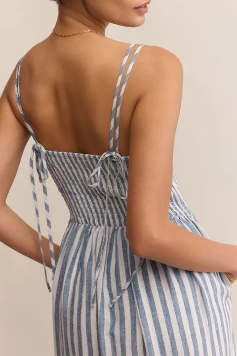 Women's Blue White Striped Smocked Midi Dress